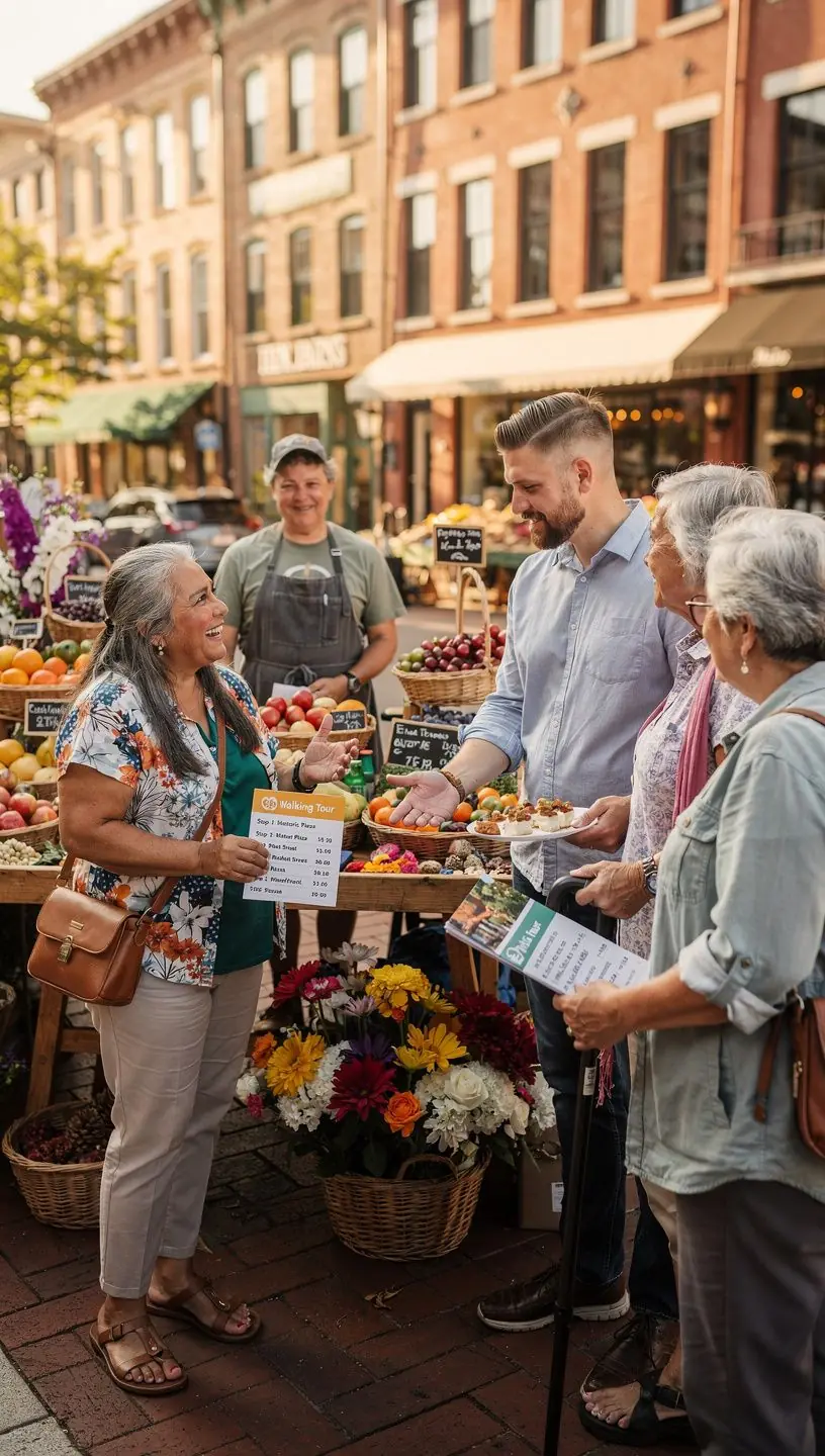 Seniorzy odkrywają lokalne atrakcje podczas wspólnej wycieczki w malowniczym otoczeniu.