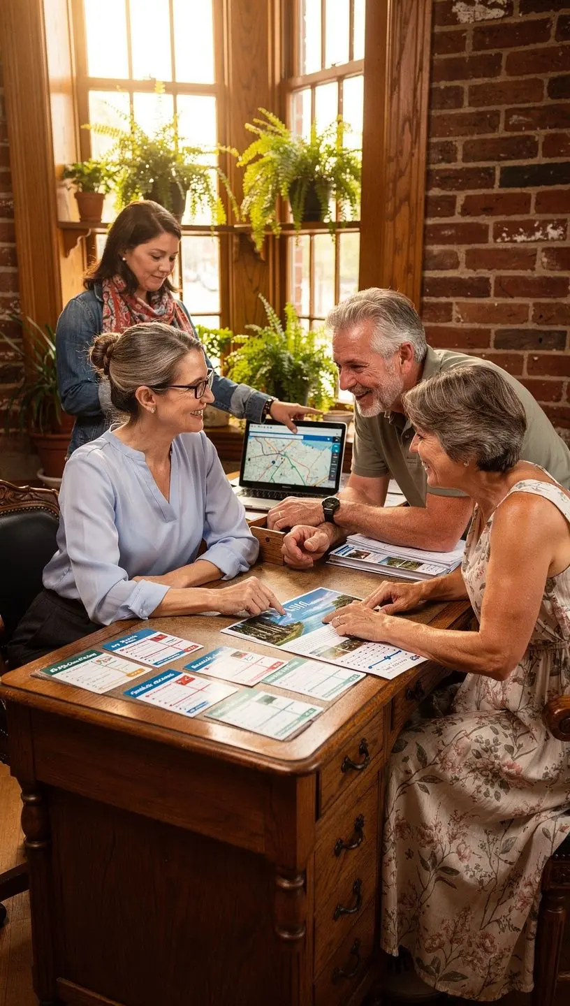 Przewodnik turystyczny omawia szczegóły planowanej trasy podczas spotkania z podróżnymi.