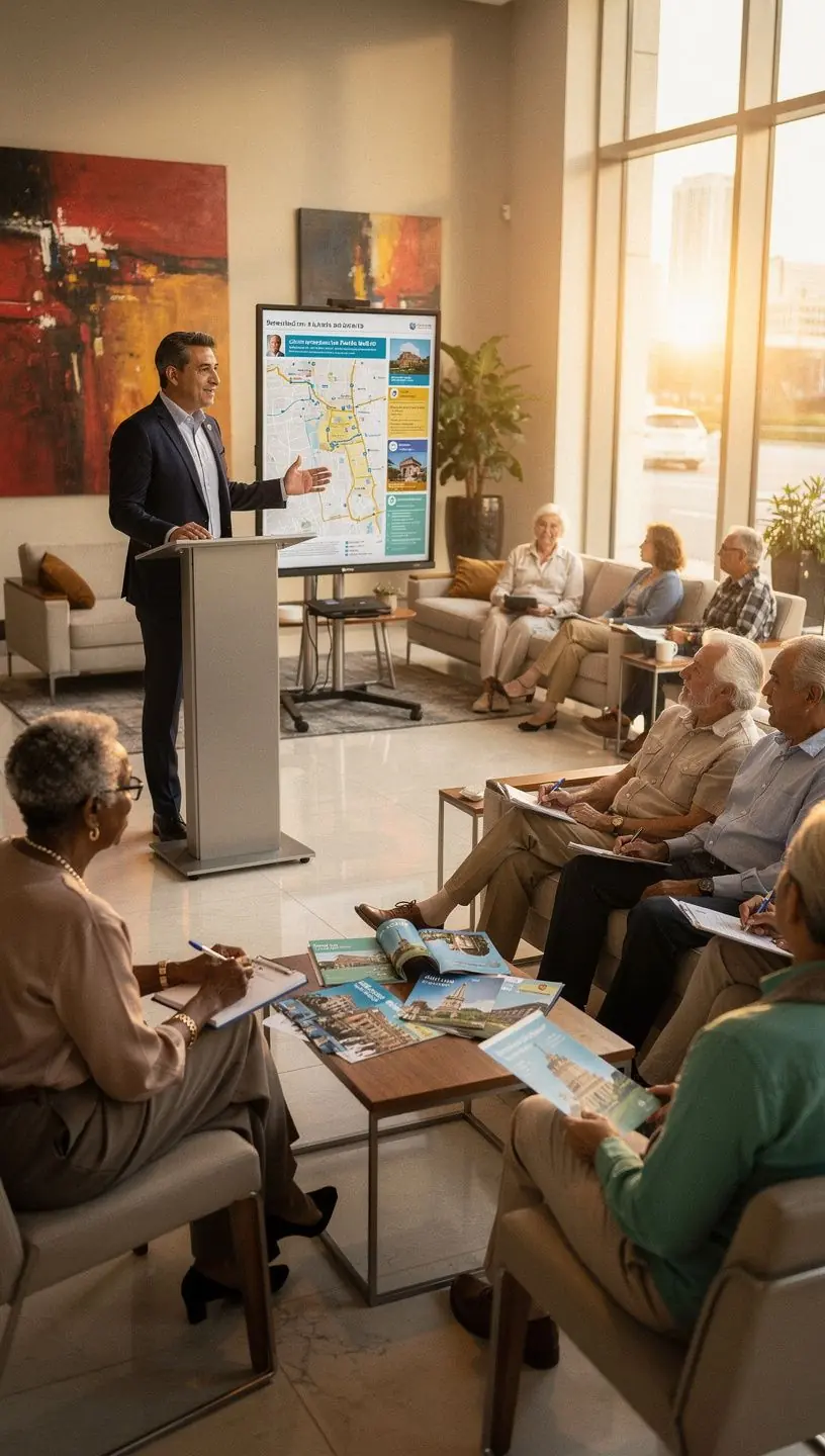 Uczestnicy podróży przeglądają mapę z zaznaczonymi trasami i informacjami o transportach.