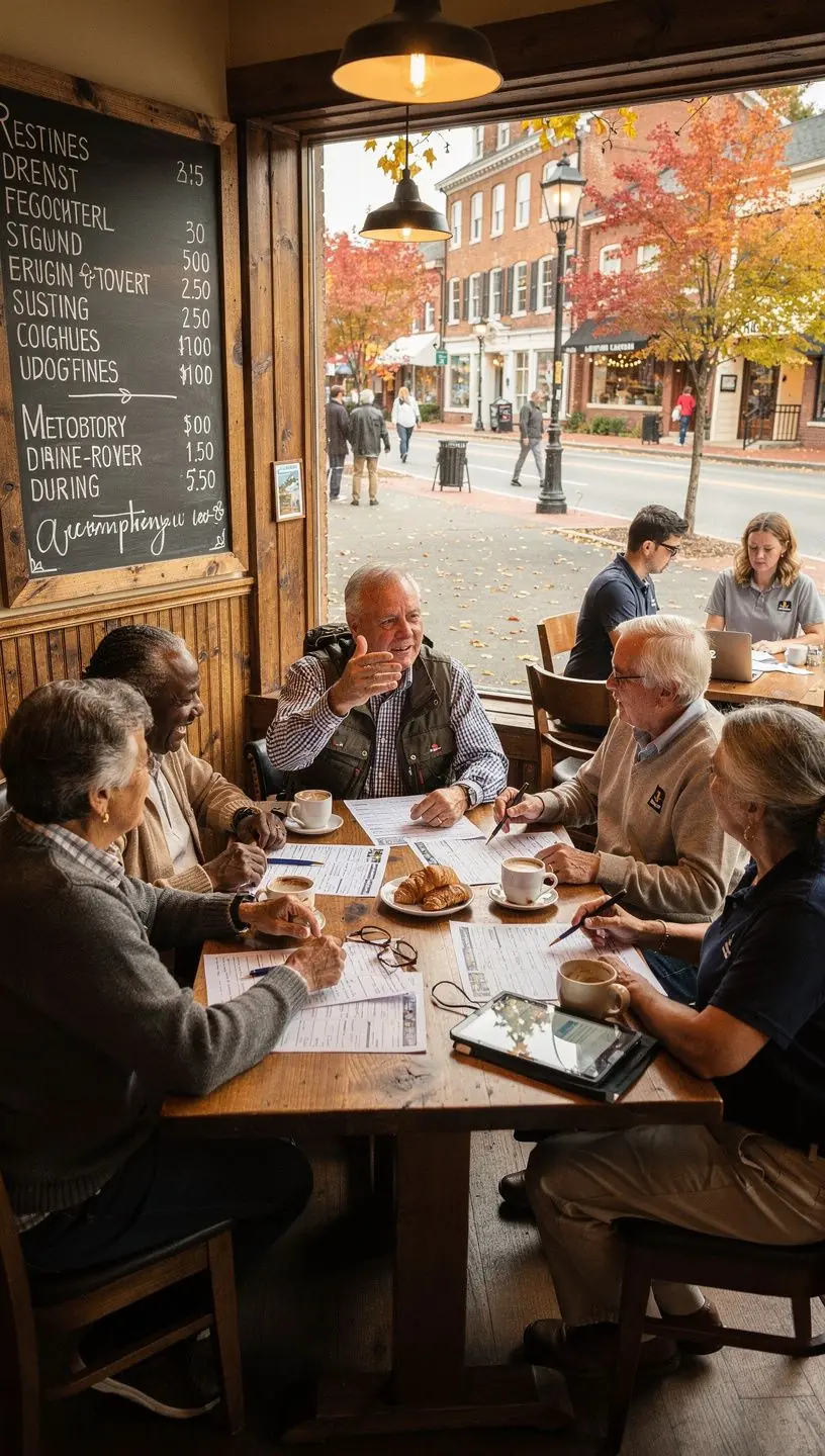 Widok na grupę seniorów, którzy cieszą się lokalnymi atrakcjami podczas wycieczki w mieście.