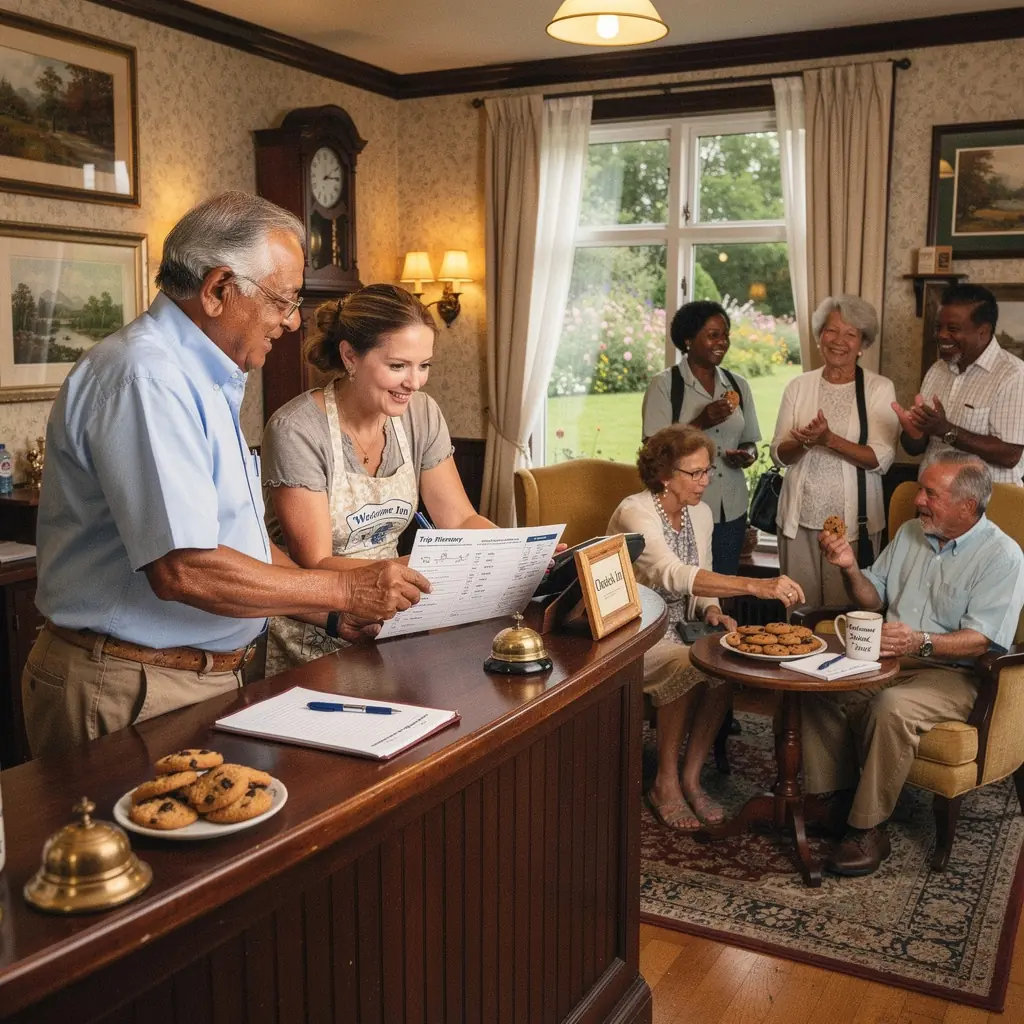 Karta z trasą podróży dla seniorów z zaznaczonymi przystankami i notatkami o transferach.