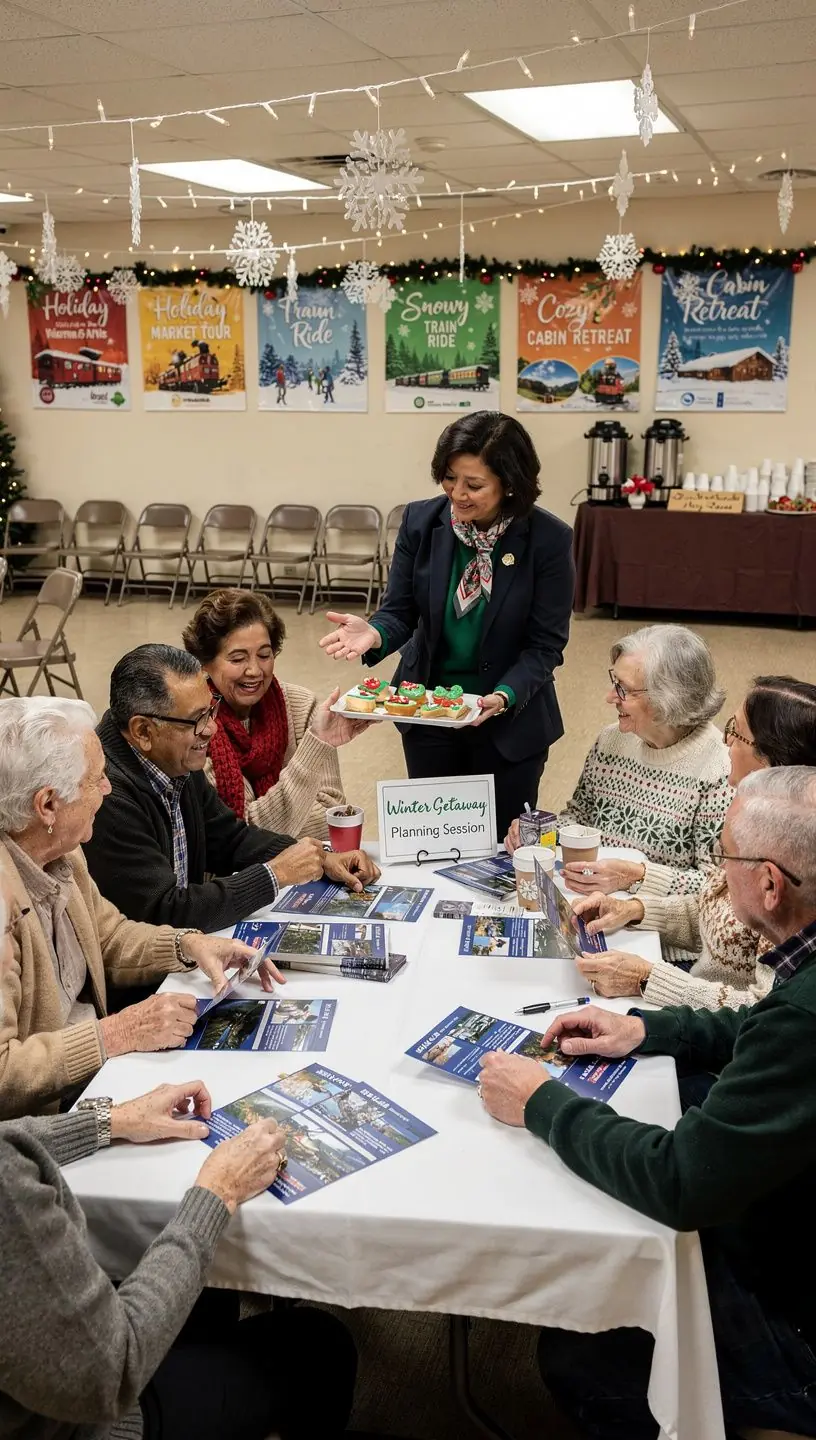 Karta podróży z zaznaczonymi przystankami oraz notatkami transferowymi dla seniorów.