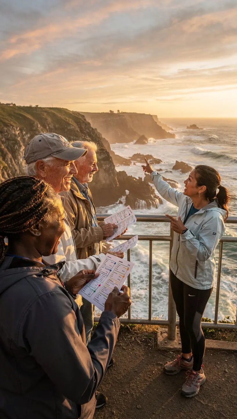 Przewodnik turystyczny przedstawiający lokalne atrakcje dla osób starszych.