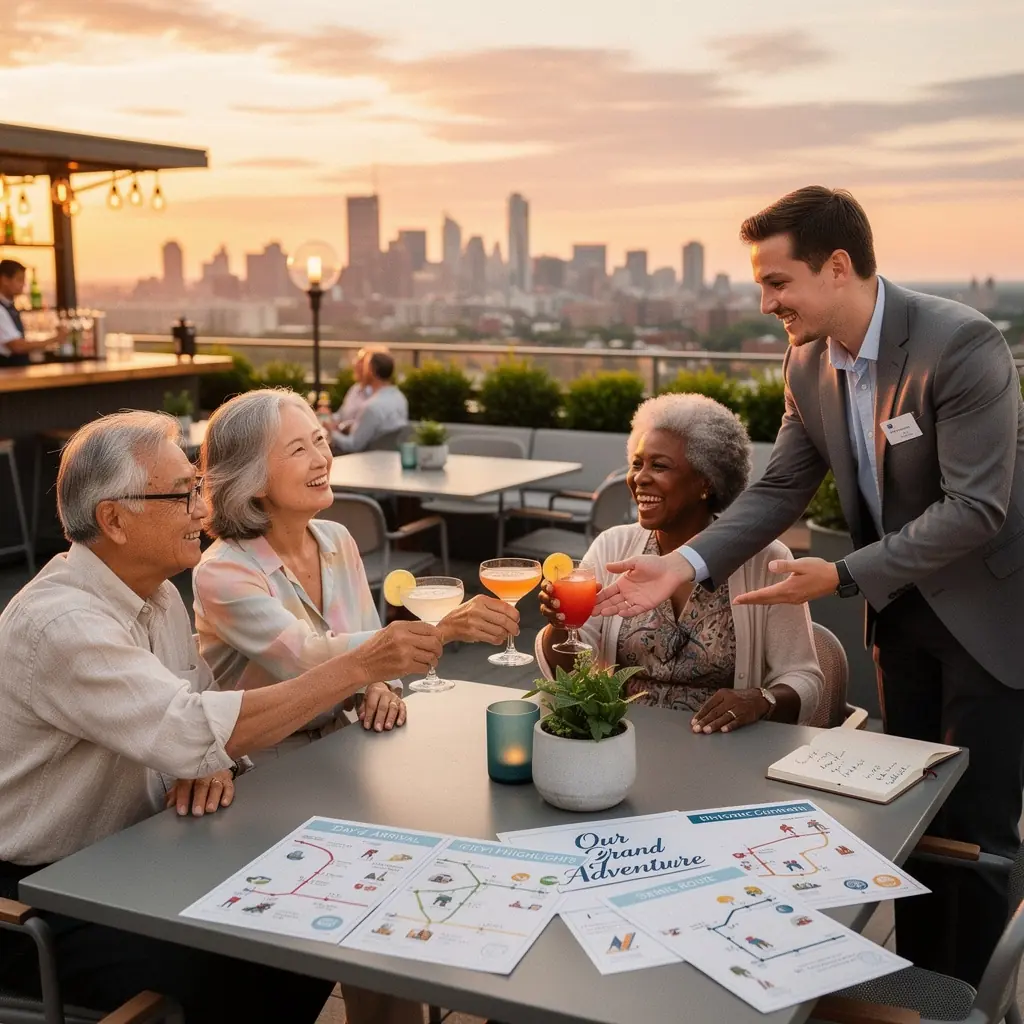 Seniorzy cieszący się wspólną podróżą w malowniczym otoczeniu.